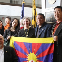 Tibet Lobby Day participants from Maryland display the Tibetan flag outside of Senator Ben Cardin's (D-MD) office.